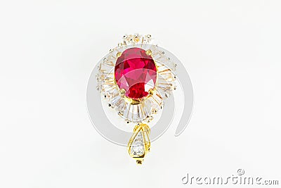 Old vintage women gold diamond with ruby brooch isolated on white background Stock Photo