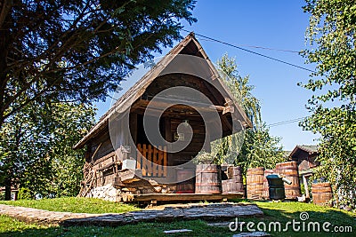 Old vintage wooden houses in ethno village Stanisici near the Bijeljina Editorial Stock Photo