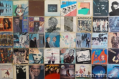 Old vinyl record covers rock pop and disco music Editorial Stock Photo