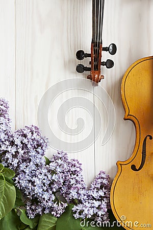 Old Violin and lilac flowers on white wooden background. Stringed musical instrument. Close up, top wiev, Love spring background Stock Photo