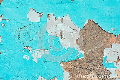 Old wall with peeled off plaster and chipped turquoise paint. White grey terracotta color shades with grungy rough texture Stock Photo