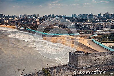 The old wall of Penglai pavilion, Yantai, Shandong, China. Sea view, the fortress getting into the sky Editorial Stock Photo