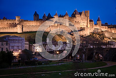 Old walled citadel at night. Carcassonne. France Editorial Stock Photo