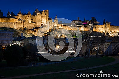 Old walled citadel at night. Carcassonne. France Editorial Stock Photo