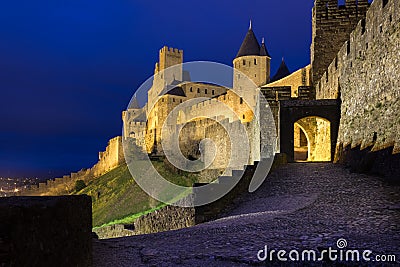 Old walled citadel at night. Carcassonne. France Stock Photo