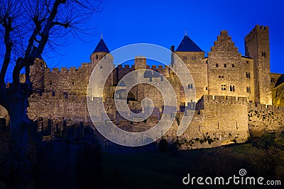 Old walled citadel at night. Carcassonne. France Stock Photo