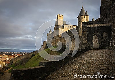 Old walled citadel at sunset. Carcassonne. France Stock Photo