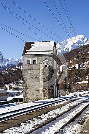 The old transformer substation or trafo at the railway station of the village Ardez Stock Photo