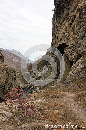 Old watchtowers in Argun Canyon in Chechnya mountains Stock Photo