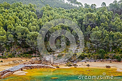 Old water mill on the colorful river Odiel with pine forest in Huelva, Andalucia, Spain Stock Photo