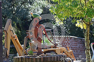 An old water pump gracing the garden Stock Photo