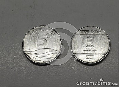 old wave five Rupees Coin, Indian Currency, Money, silver five rupees coin Stock Photo