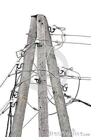 Old weathered aged wooden electricity pole post, wire hub cables, isolated vintage closeup Stock Photo