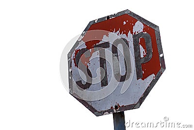 Weathered road sign, stop sign on white background Stock Photo