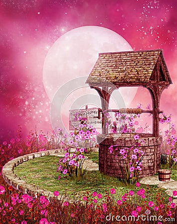 Old well in a pink scenery Stock Photo