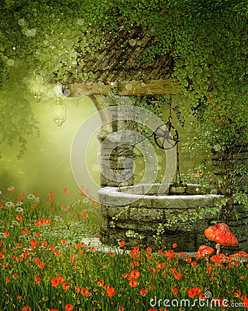 Old well on a poppy meadow Stock Photo