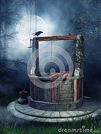 Old well with a raven Stock Photo