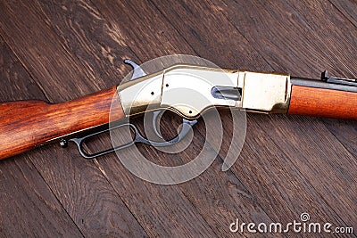 Old west gun - lever-action repeating rifles with ammunition Stock Photo