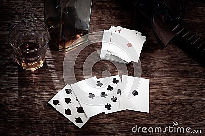 Old west poker. Dead man`s hand. Two-pair poker hand consisting of the black aces and black eights, held by Old West gunfighter Stock Photo