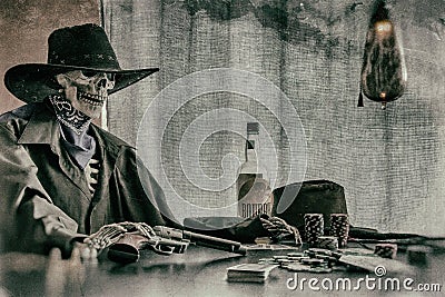 Old West Poker Playing Skeleton Gun Stock Photo