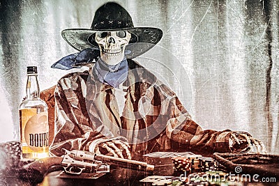 Old West Poker Skeleton Bourbon Gun Stock Photo