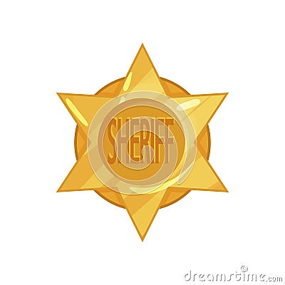 Old west police golden circle star badge in cartoon flat style. Vector sheriff emblem. Vector Illustration