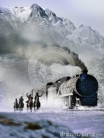 Old west train attack Stock Photo