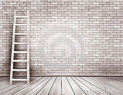 Old white brick wall background with wooden ladder. Vector Illustration