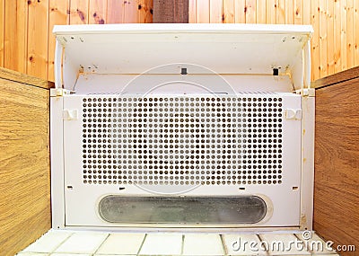 Old white cooker hood, very dirty Stock Photo