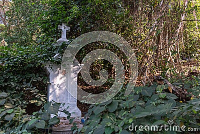 An old white cross surrounded by trees and woods Stock Photo