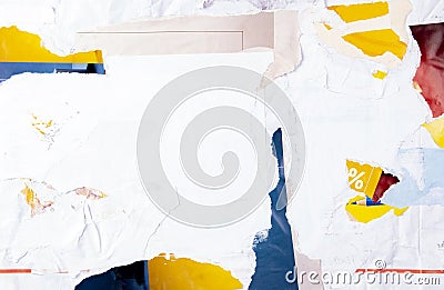 Old white grunge ripped torn collage posters creased crumpled paper placard texture background with copy space for text Stock Photo