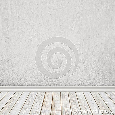 Old white painted wall and vintage wooden floor, interior background Stock Photo