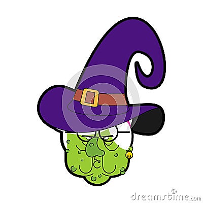 Old wicked witch. Green hag with warts Vector Illustration