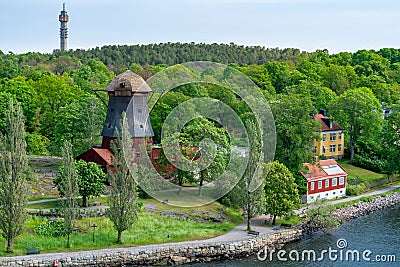 Old windmill on Djurgarden island, Stockholm, Sweden Stock Photo
