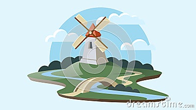 Old windmill near river natural emblem Vector Illustration
