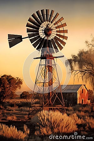 An old windmill in the prairie at sunset, with a farm in the background. Stock Photo