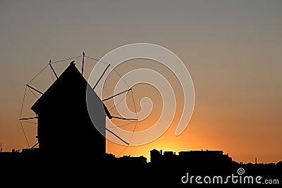 Old windmill sunset cityscape Nessebar Stock Photo