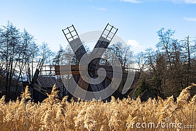 Traditional windmills at Astra Museum, Sibiu, Romania Editorial Stock Photo