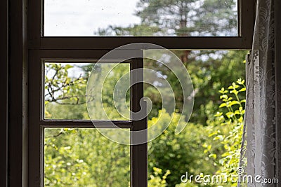 An old window half opened with blured nature view Stock Photo