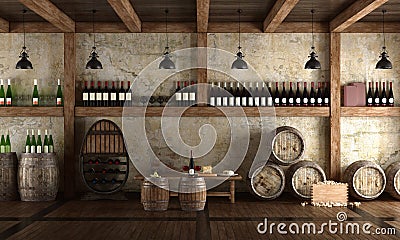 Old wine cellar with bench for tasting Stock Photo