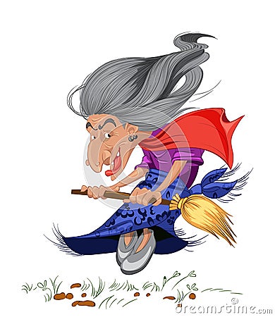 Old witch with a broom. Cartoon character russian style Vector Cartoon Illustration