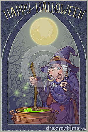 Old witch in a cone hat with her black cat brewing a magic potion in a cauldron. Halloween cartoon style character Vector Illustration