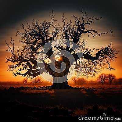 An old, withered branched oak in field on sunset. Generative AI Stock Photo