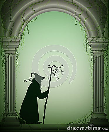 Old wizard in the arch of the castle garden, Halloween character, forest sorcerer, fairytale character, Vector Illustration