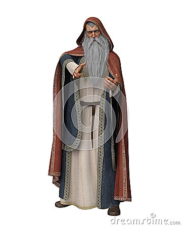 3D rendering of an old wizard in long robes and hooded cloak isolated on white Cartoon Illustration