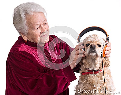 Old woman with american cocker spaniel Stock Photo
