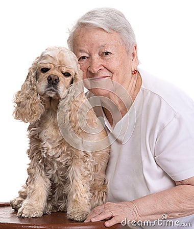 Old woman with american cocker spaniel Stock Photo