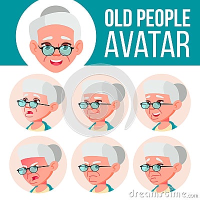 Old Woman Avatar Set Vector. Face Emotions. Senior Person Portrait. Elderly People. Aged. Facial, People. Positive Vector Illustration