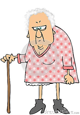 Old Woman With A Cane Cartoon Illustration