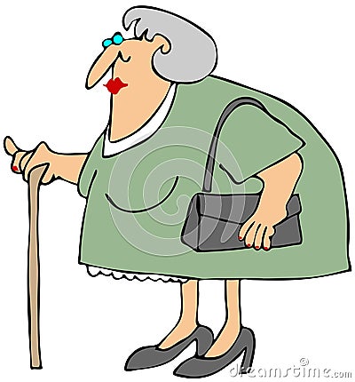 Old Woman With A Cane Cartoon Illustration